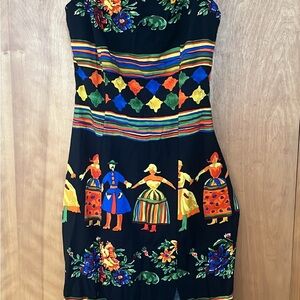 Black Floral & Folk-Print Dress 1970s Neon Geometric